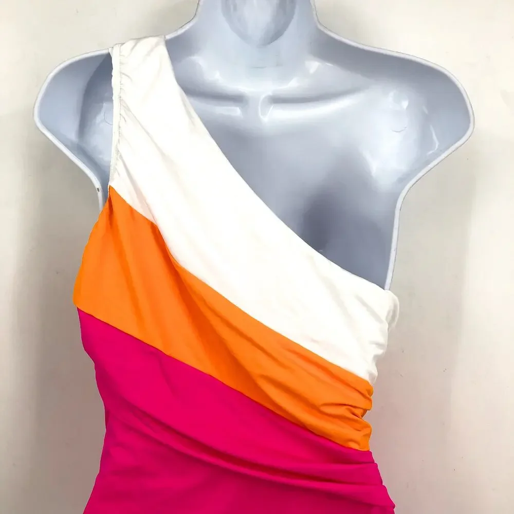 LA BLANCA Island Goddess One-Shoulder One-Piece Size 16 Pink Orange NWT